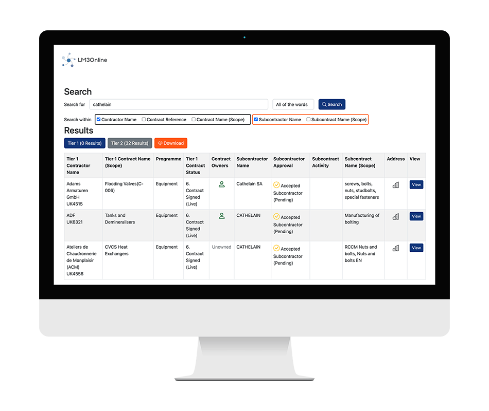 Use the Contract Manager module to manage T2 suppliers and search supply chains.